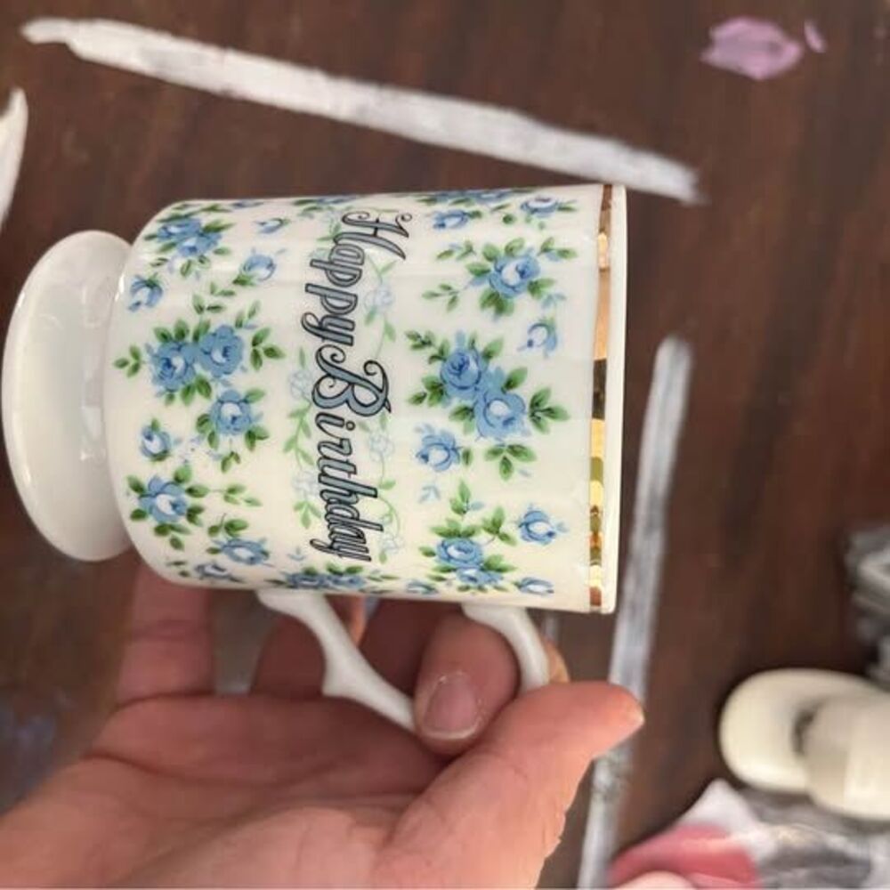 Happy Birthday Blue Floral Ceramic Mug
